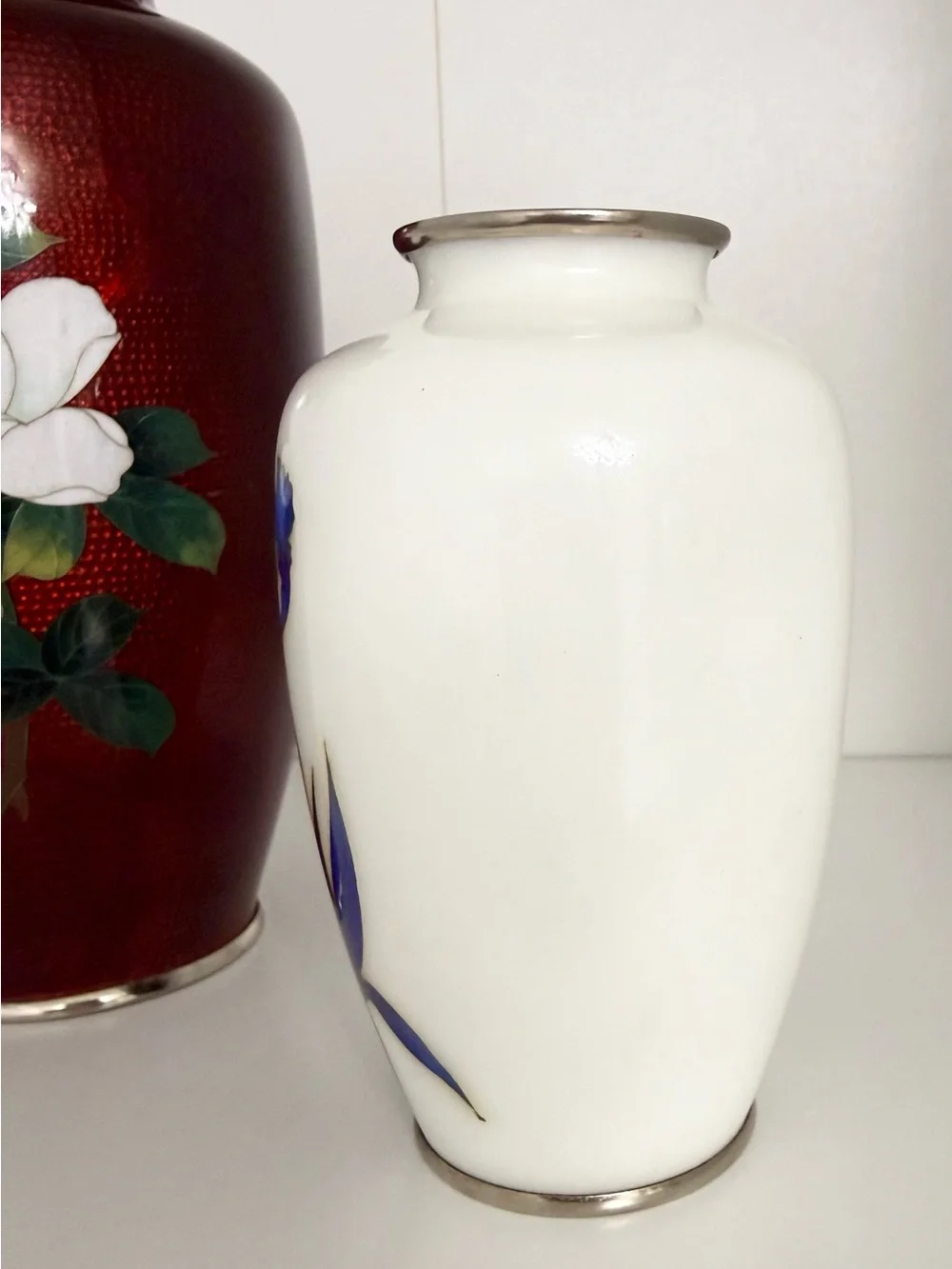 Vintage Japanese Enamel Sterling Silver Cloisonné Flower Vase Lot Red White